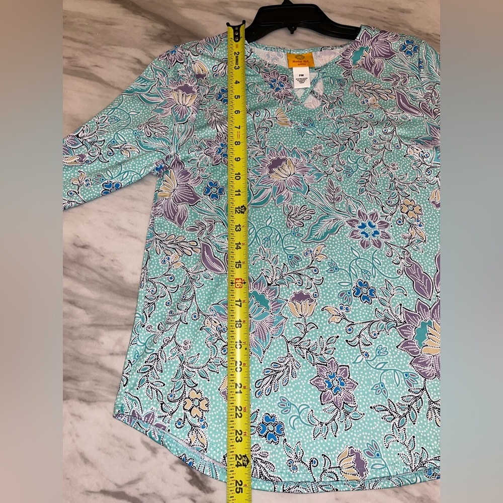 Ruby Rd. Aqua Floral V-Neck Ruffle Sleeve Blouse - Picture 5 of 6